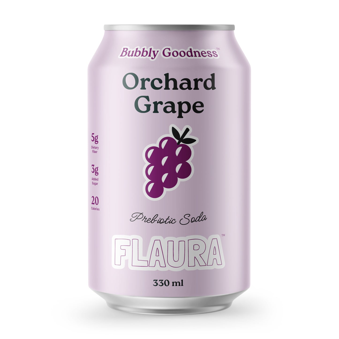 A 330 ml can of FLAURA Orchard Grape Prebiotic Soda. The can features a light lavender-purple metallic finish with a dark purple illustration of an orchid grape cluster in the center.