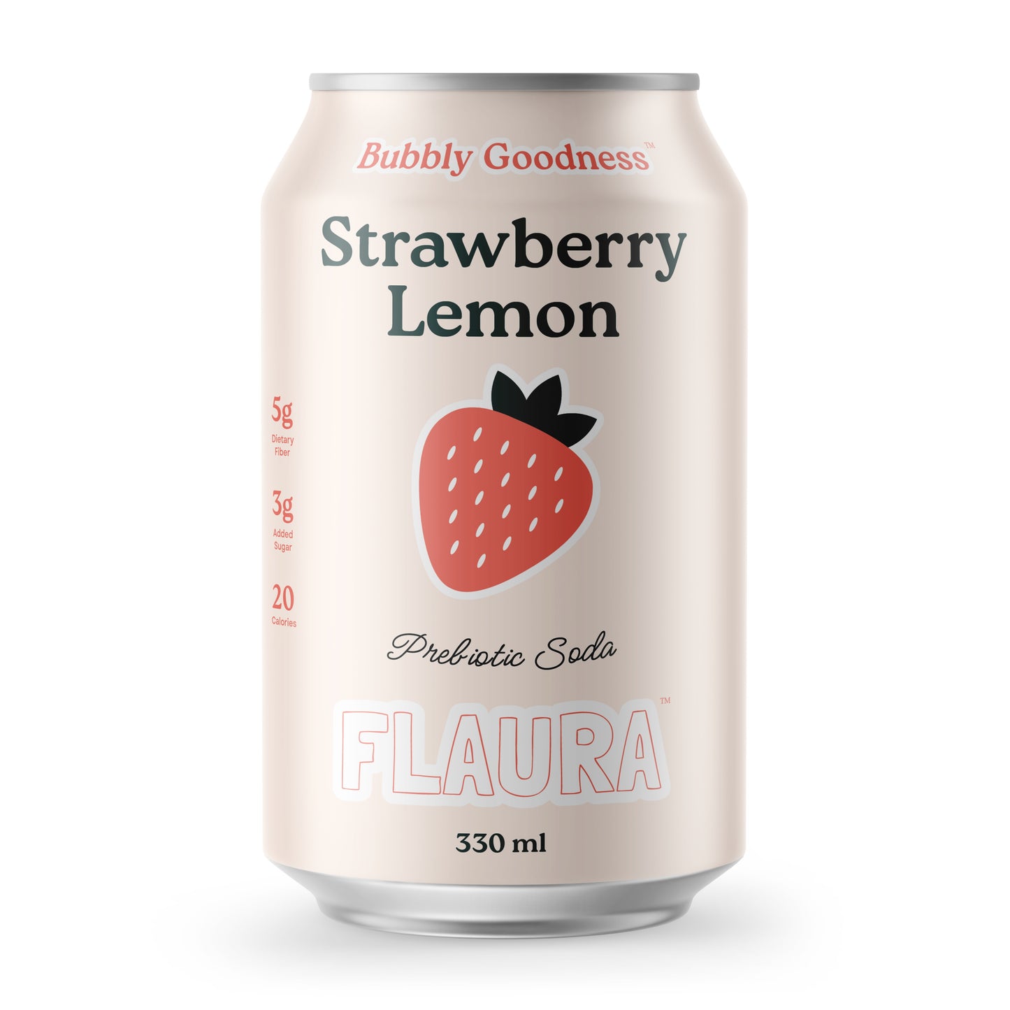 A 330 ml can of FLAURA Strawberry Lemon Prebiotic Soda. The can features a light cream-colored metallic body with a prominent red strawberry graphic in the center, black text reading 'Strawberry Lemon', and red text reading 'Bubbly Goodness'.
