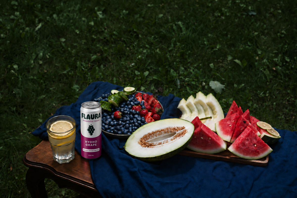 A styled outdoor picnic scene on a dark wooden table draped with a navy cloth, featuring a can of Flaura sparkling grape soda, a glass of lemonade, sliced watermelon, cantaloupe melon, blueberries, strawberries, and sliced melon on a grassy lawn.