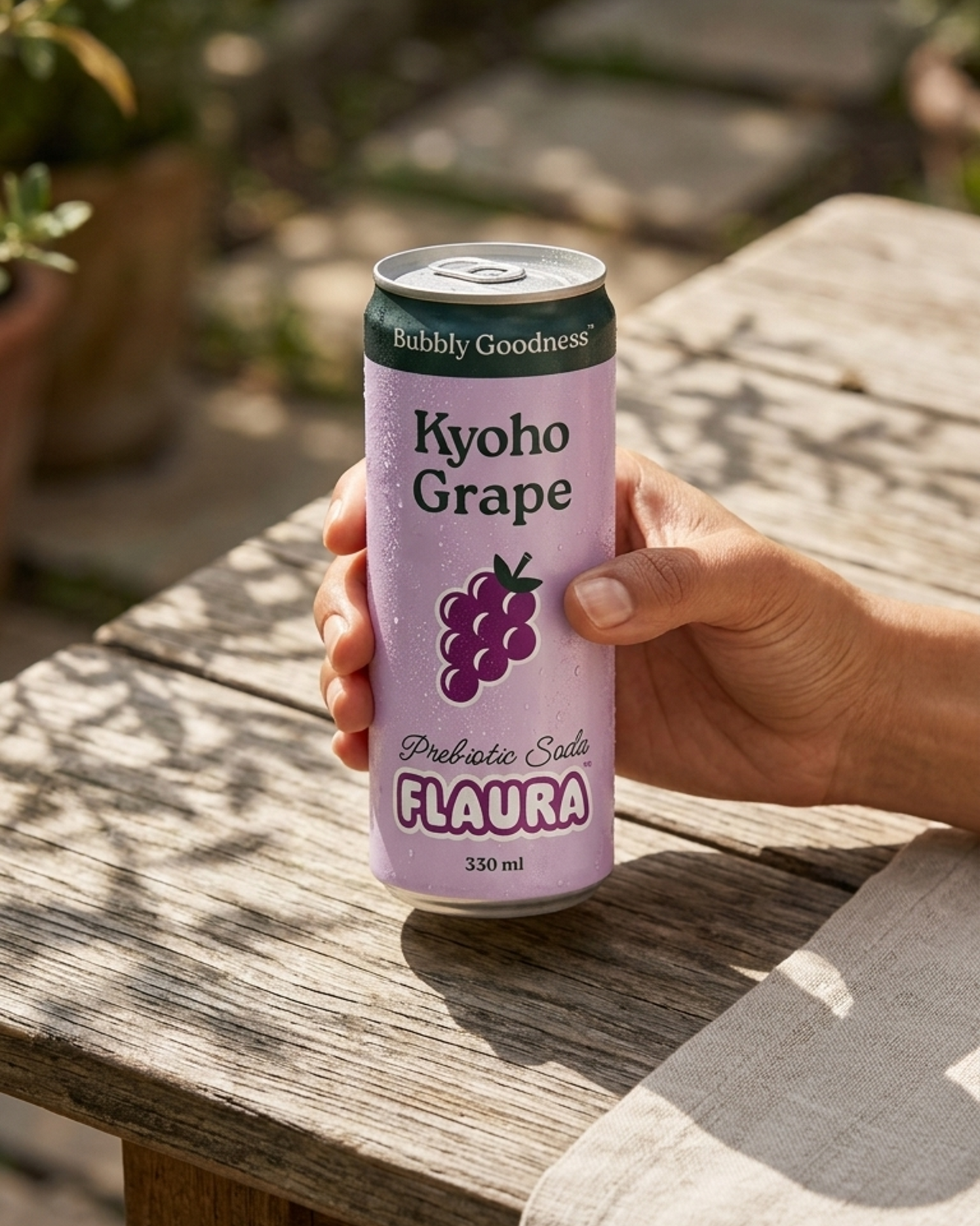 A hand holds a can of Flaura Kyoho Grape probiotic soda on a rustic wooden table in an outdoor garden setting.