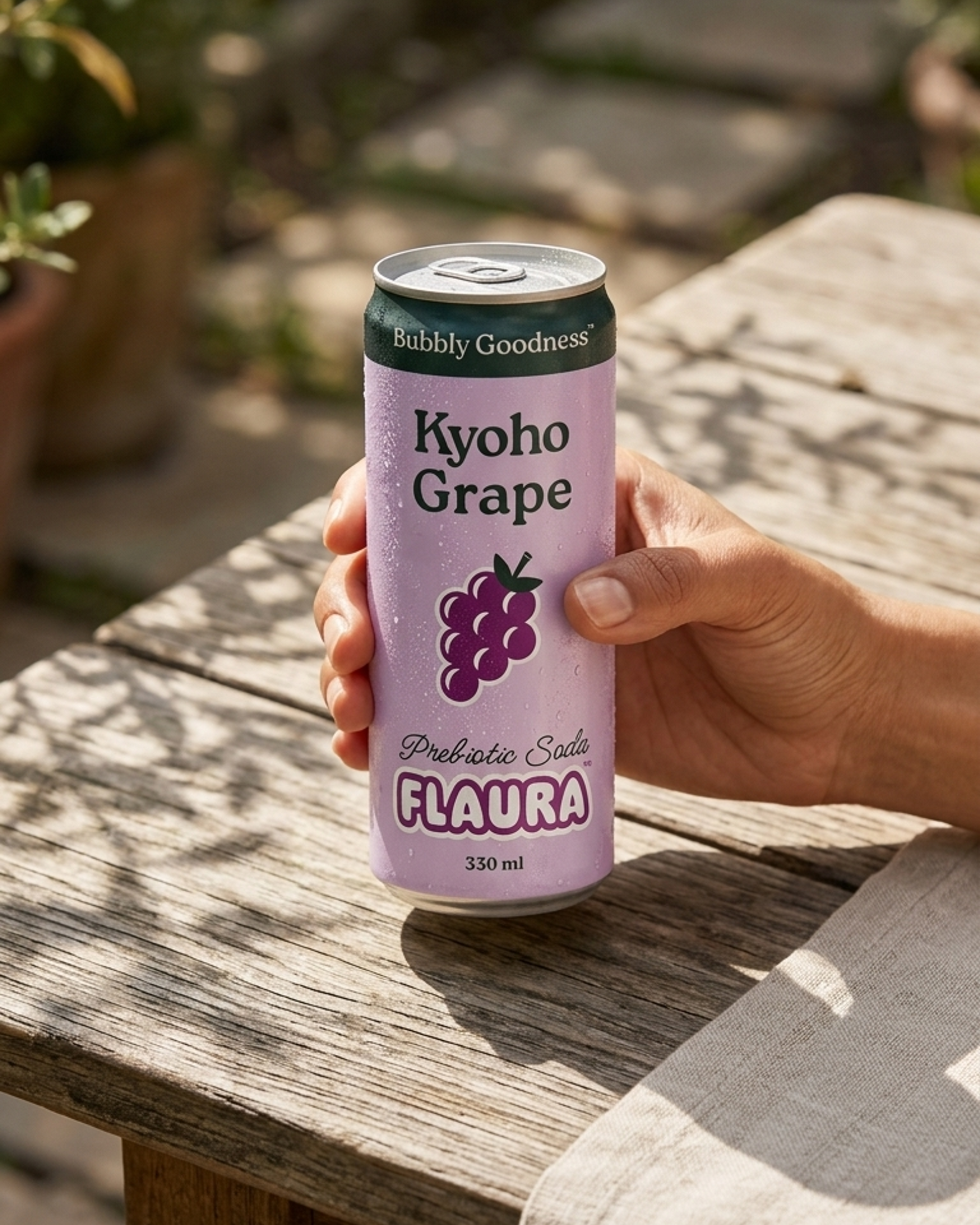 A hand holds a can of Flaura Kyoho Grape probiotic soda on a rustic wooden table in an outdoor garden setting.