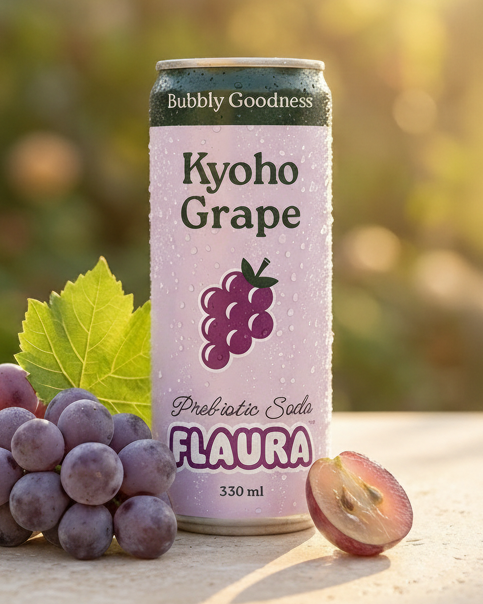 A can of Kyoho Grape Prebiotic Soda by FLAURA is displayed on a stone surface with fresh grapes and a grape leaf, set against a warm, sunlit, blurred vineyard background.