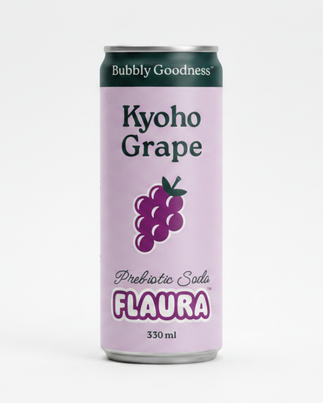 A 330 ml can of Flaura Kyoho Grape Prebiotic Soda, featuring a light lavender label with a dark green top band and a purple grape illustration, set against a plain light gray background.