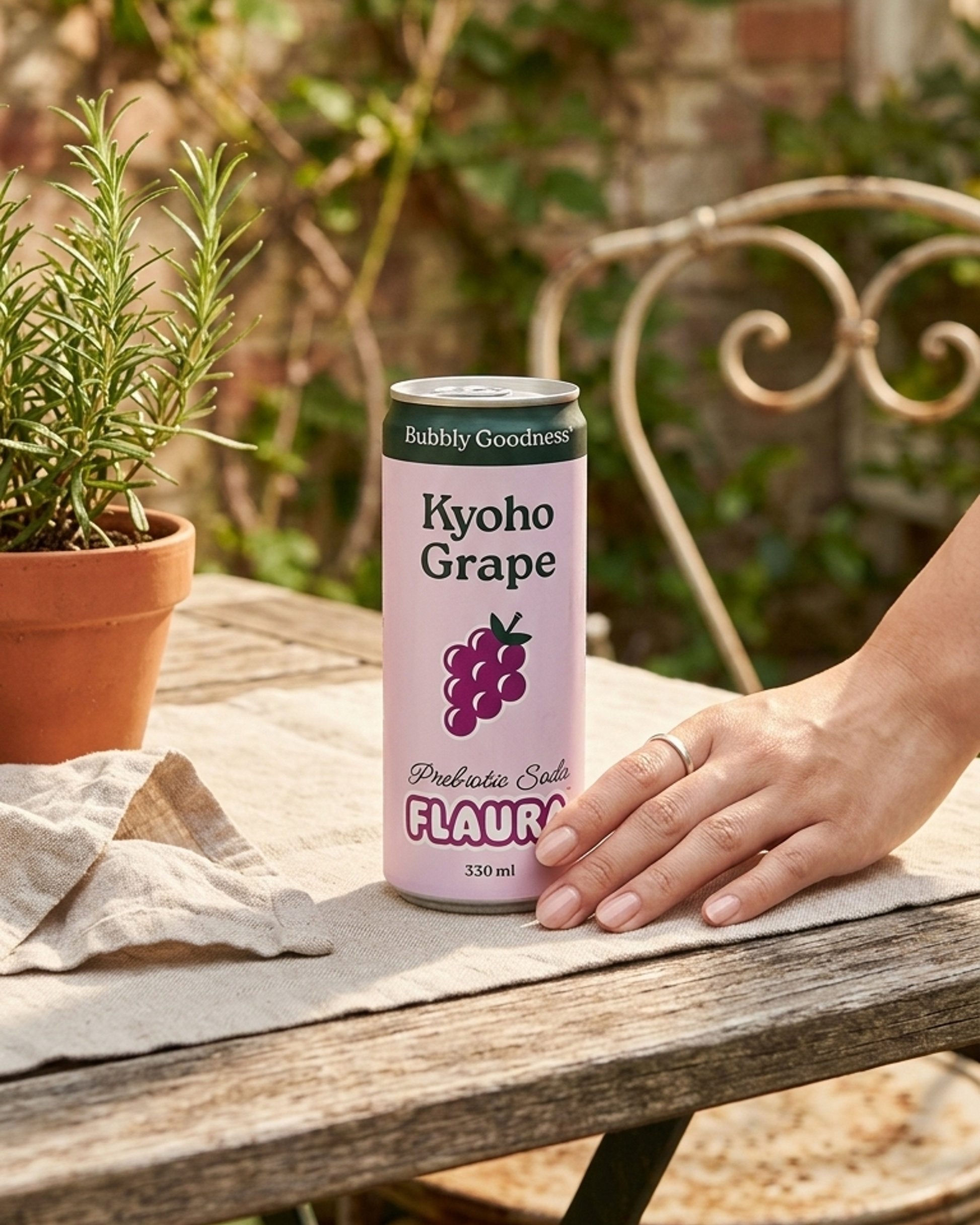 A can of Buddy's Goodness Kyoho Grape Flavour non-alcoholic wine sits on a rustic wooden table outdoors, with a person's hand resting on the table and a potted rosemary in the background.
