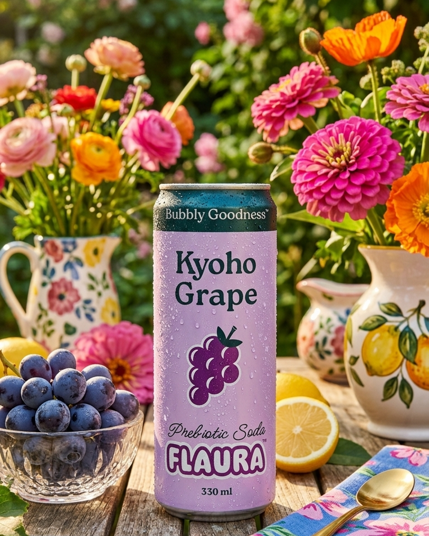 A can of Flaura Kyoho Grape pre-workout soda is displayed on a rustic wooden table surrounded by flowers, blueberries, and lemons in an outdoor garden setting.