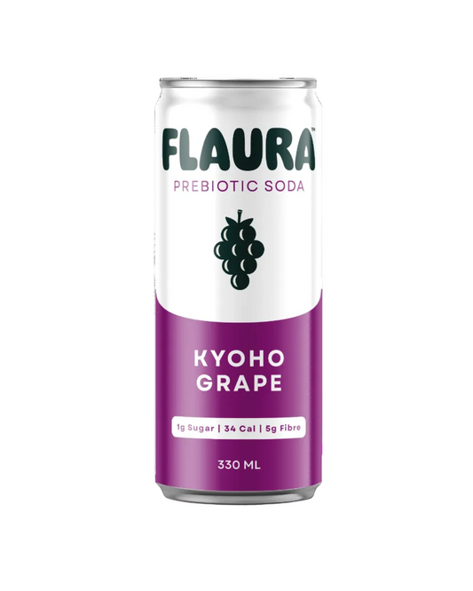 A 330 mL can of Flaura Prebiotic Soda in Kyoho Grape flavor, featuring a white and purple label with a grape icon, set against a plain white background.