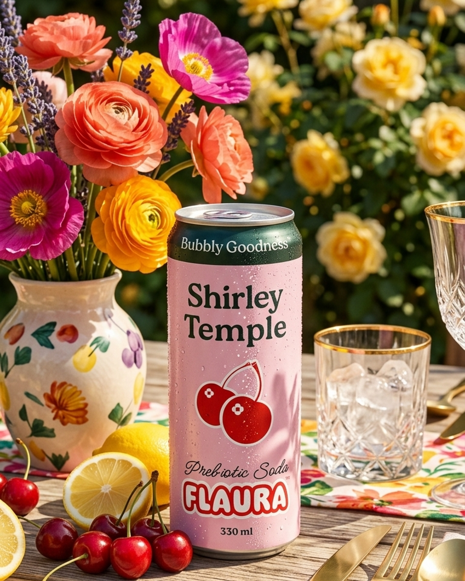 A pink can of Shirley Temple Flaura Probatec Soda is displayed on a wooden table surrounded by a colorful floral arrangement, fresh cherries, lemons, and gold cutlery, with a blurred background of yellow flowers.