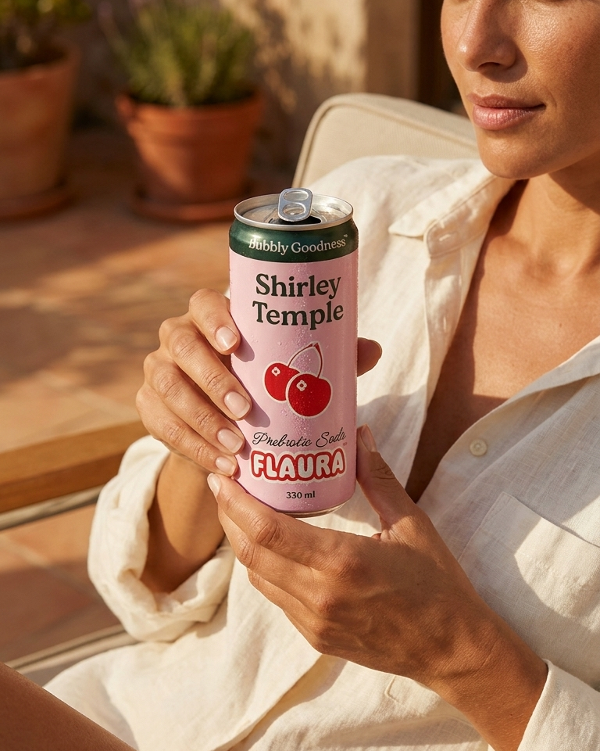 A woman in a white linen shirt holds a can of Whisky Goodnesses Shirley Temple Flaura cocktail mix in a warm, sunny outdoor setting.