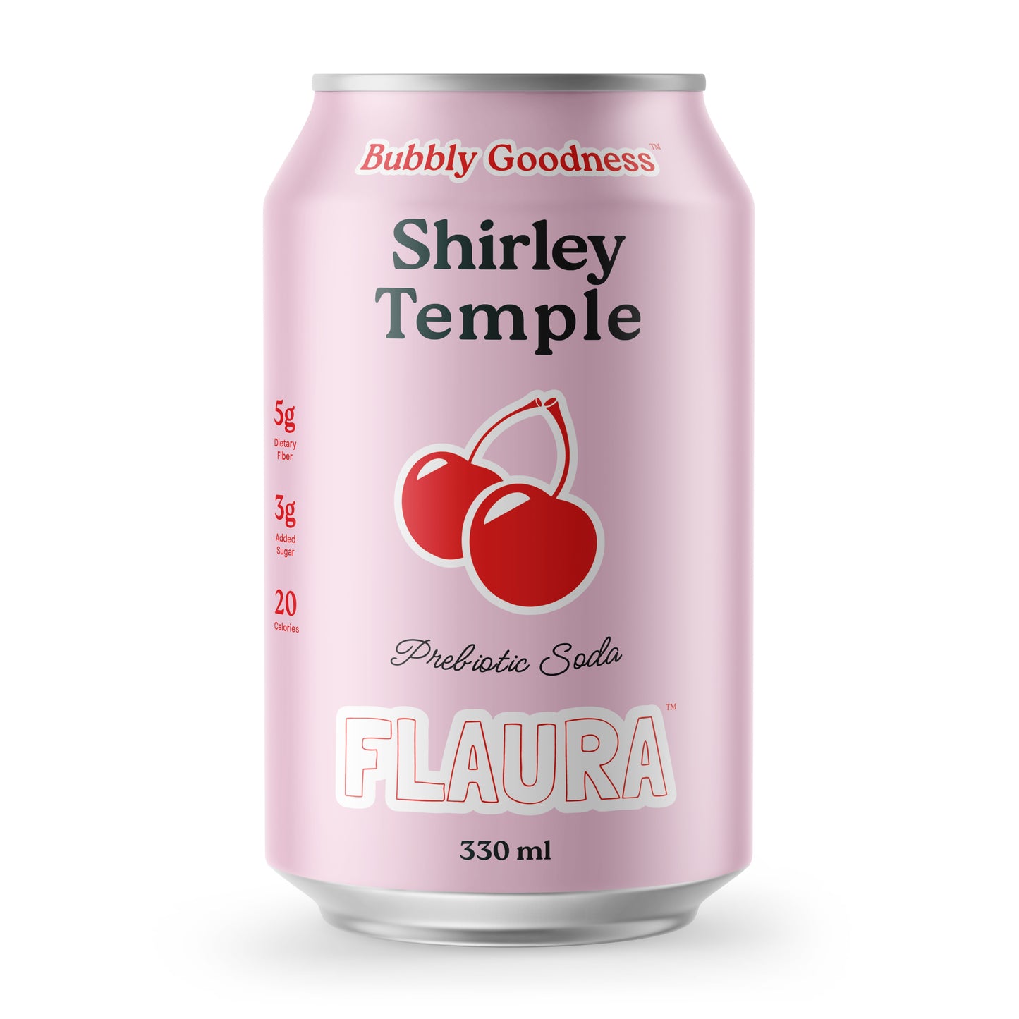 A 330 ml can of Flaura Shirley Temple Prebiotic Soda, featuring a light pink aluminum can with a graphic of two red cherries and black text, set against a plain white background.