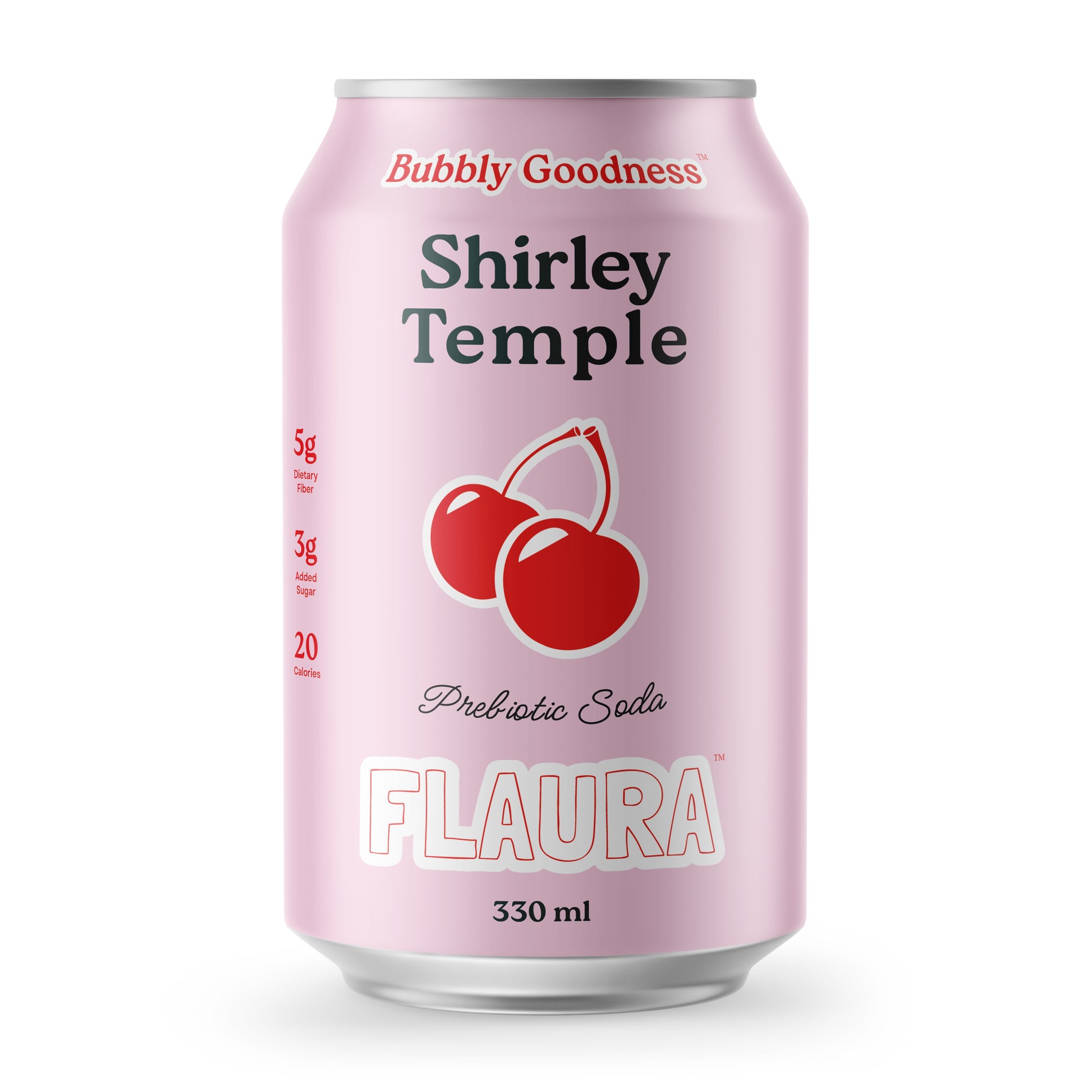 A 330 ml can of Flaura Shirley Temple Prebiotic Soda, featuring a light pink aluminum can with a graphic of two red cherries and black text, set against a plain white background.