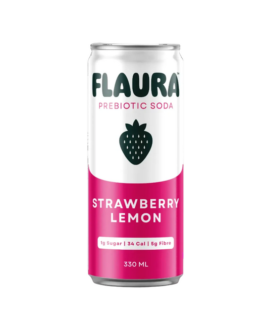 A 330 mL can of Flaura Prebiotic Soda in Strawberry Lemon flavor, featuring a white and vibrant pink label with a black strawberry graphic, set against a plain white background.