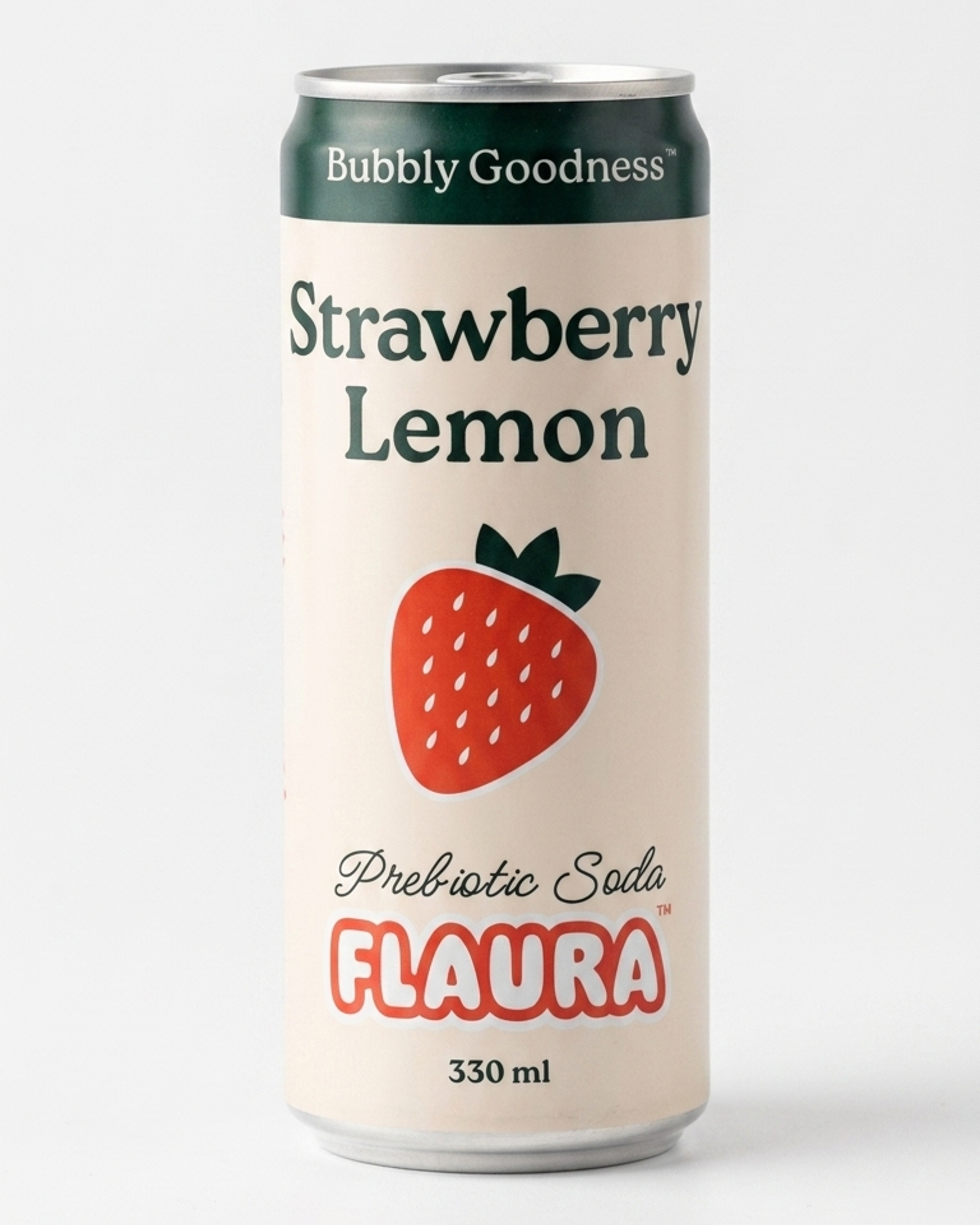 A 330 ml can of Flaura Strawberry Lemon Preliotic Soda on a light gray background. The can features a cream-colored label with a red strawberry graphic and dark green text, topped with a dark green band reading 'Bubbly Goodness'.