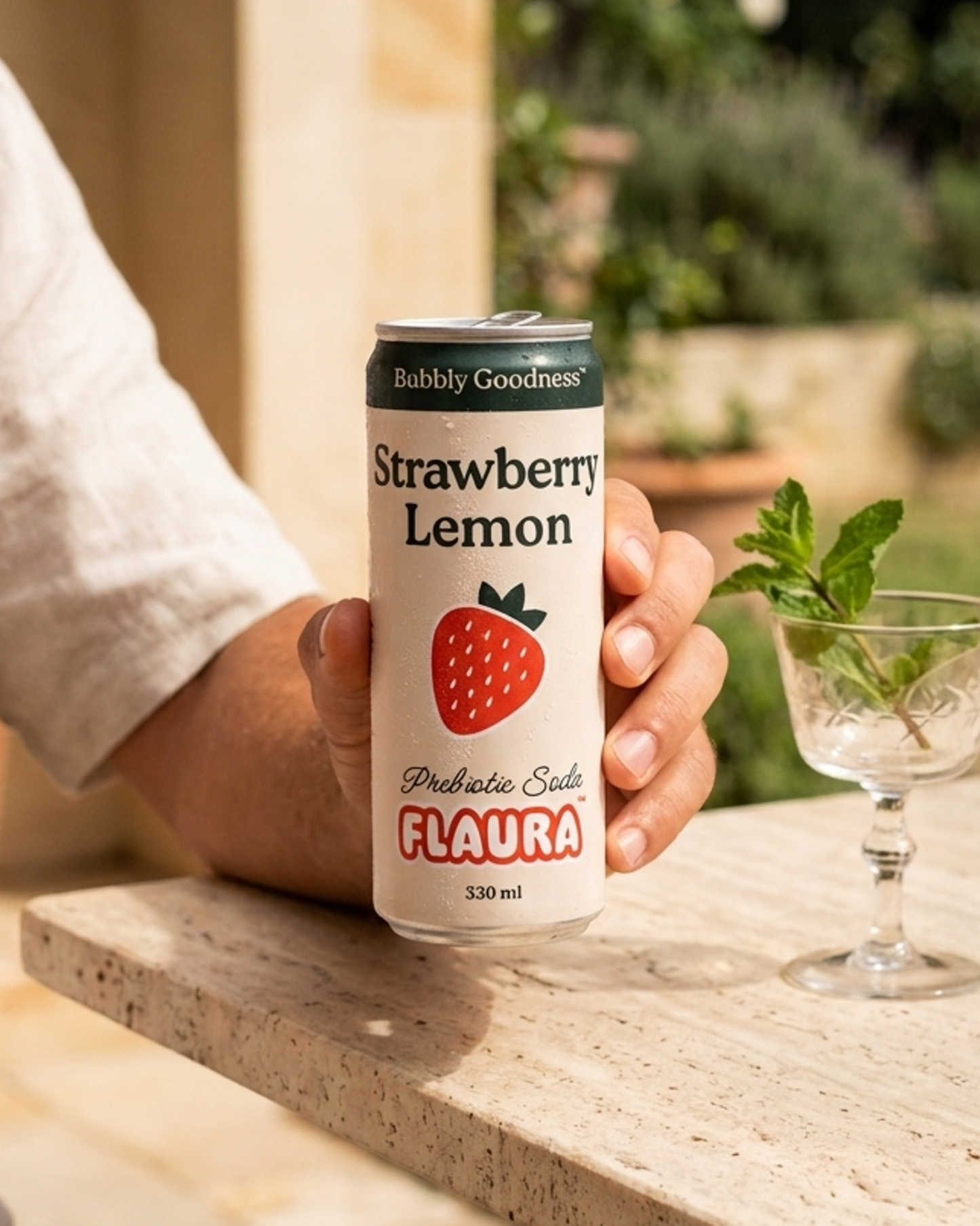A hand holding a can of Bubbly Goodness Strawberry Lemon Probiotic Soda by FLAURA, set on a stone table next to a glass with mint in an outdoor garden setting.