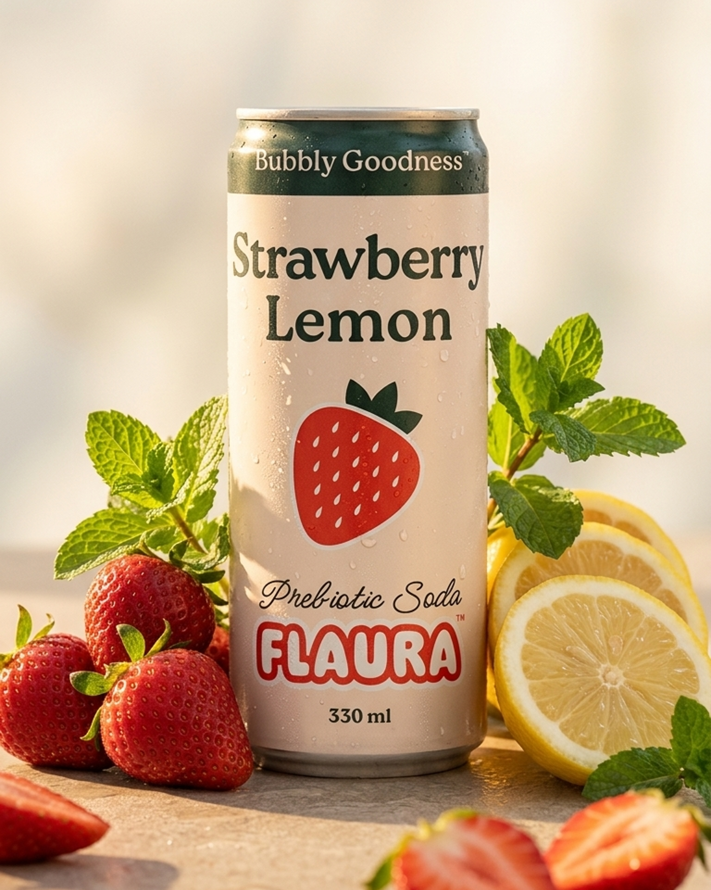 A 330 ml can of Flaura Strawberry Lemon Prebiotic Soda stands on a tabletop surrounded by fresh strawberries, sliced lemons, mint leaves, and a soft blurred light background.
