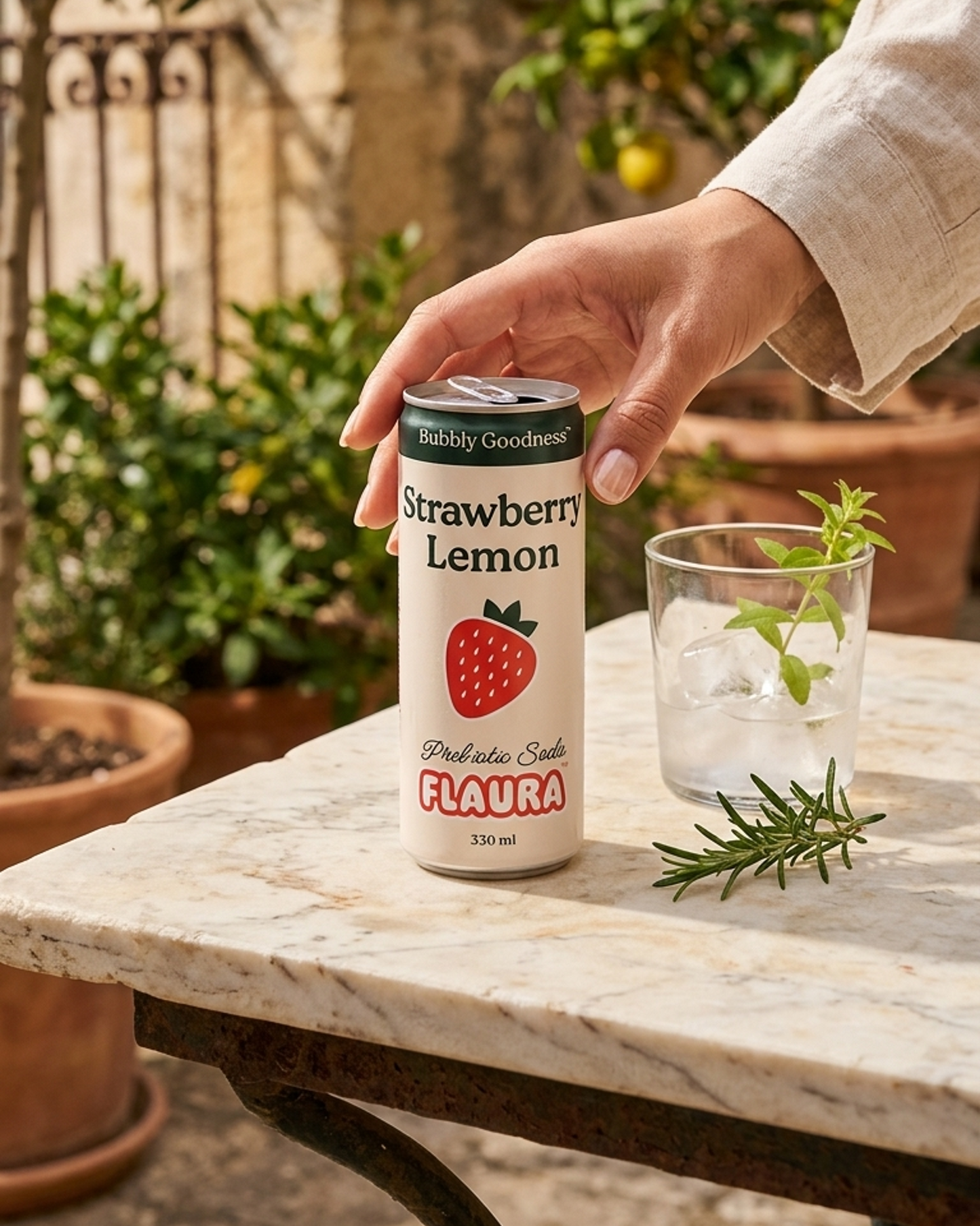 A hand holds a can of Flaura Strawberry Lemon sparkling drink on a stone table, with a glass of iced drink and mint in a sunny outdoor patio setting.
