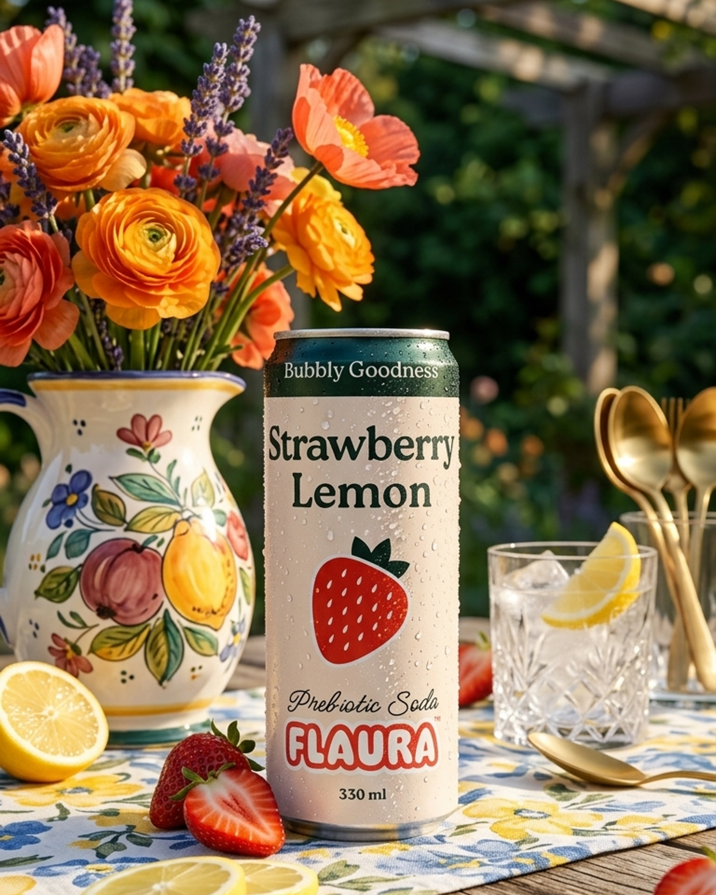 A can of Flaura Strawberry Lemon sparkling soda is displayed on a wooden table in an outdoor garden setting, surrounded by lemons, strawberries, a ceramic flower vase, and gold-toned cutlery.