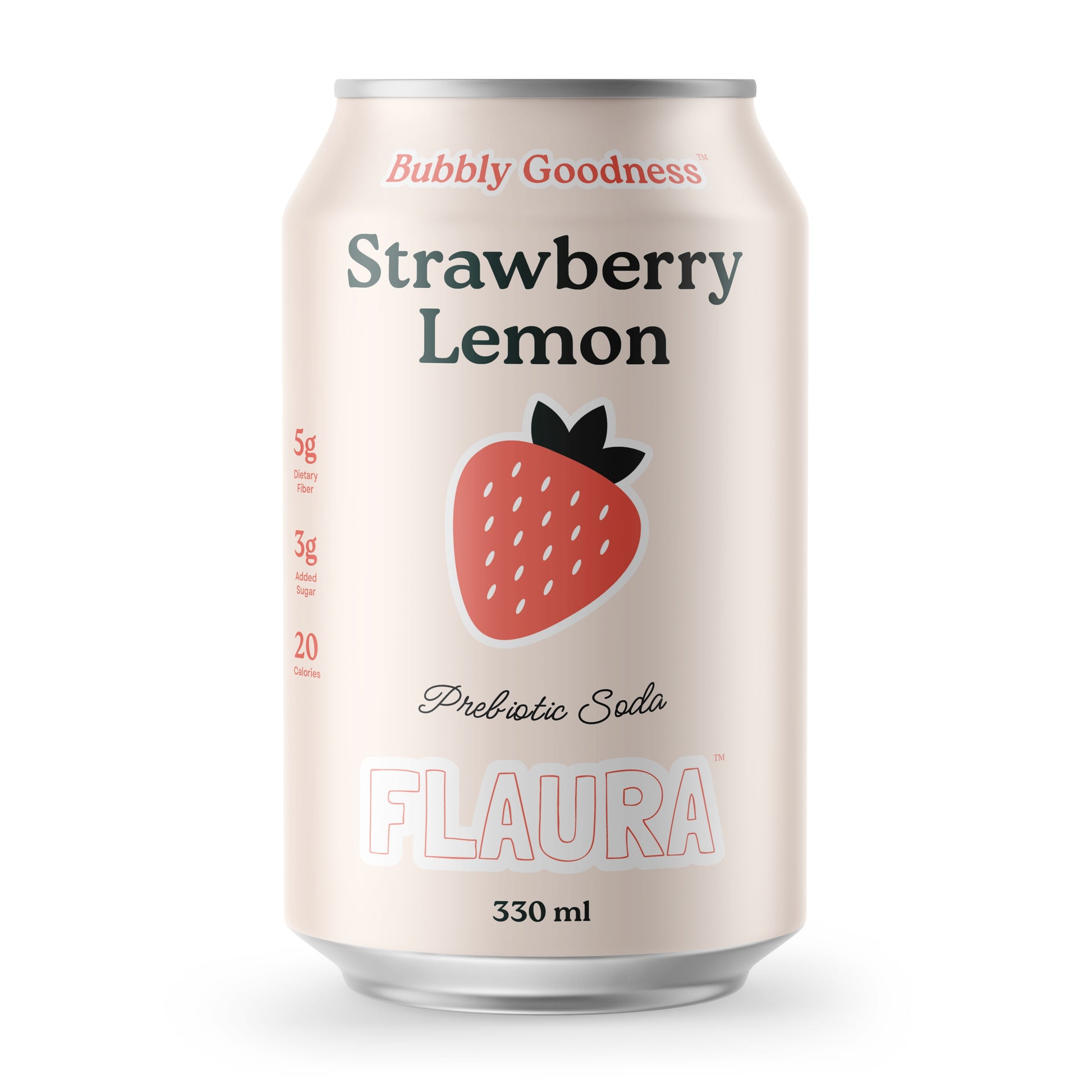 A 330 ml can of FLAURA Strawberry Lemon Prebiotic Soda. The can features a light cream-colored metallic body with a prominent red strawberry graphic in the center, black text reading 'Strawberry Lemon', and red text reading 'Bubbly Goodness'.