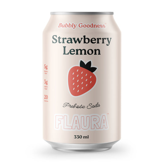 A 330 ml can of FLAURA Strawberry Lemon Prebiotic Soda. The can features a light cream-colored metallic body with a prominent red strawberry graphic in the center, black text reading 'Strawberry Lemon', and red text reading 'Bubbly Goodness'.